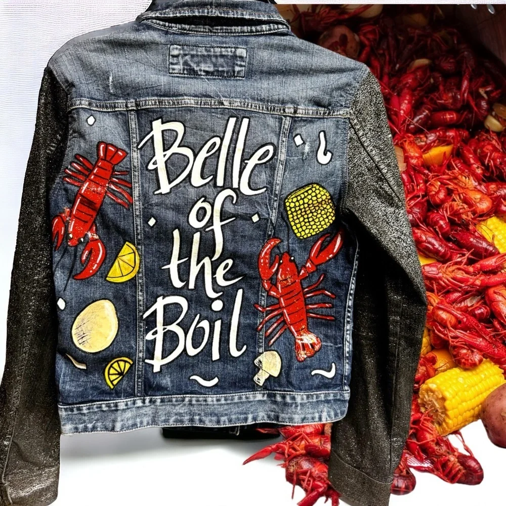 Get Ready to Boil in Style: Hand-Painted Jean Jacket 'Belle of the Boil'! Size S - Picture 8 of 16